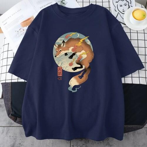 Fire Fox Ukiyoe Womens T-Shirt Harajuku Comfort Fashion T Shirt Japanese Style Tops 2021 Summer Soft Women Oversized T Shirts