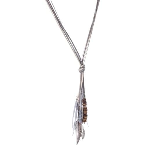 Metal Leaf Shape Feather Pendant Tassel Necklace Wooden Beads Long Chain Necklace Hand Made Fashion Jewellery Accessories