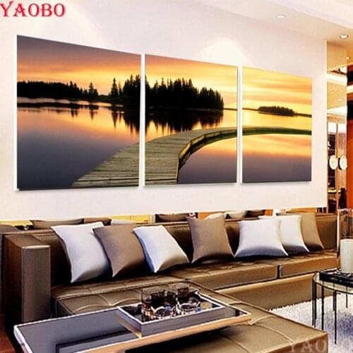 3 Piece Sunset seaside diy diamond painting cross stitch kits full drill diamond embroidery icon mosaic Pictures For Living Room