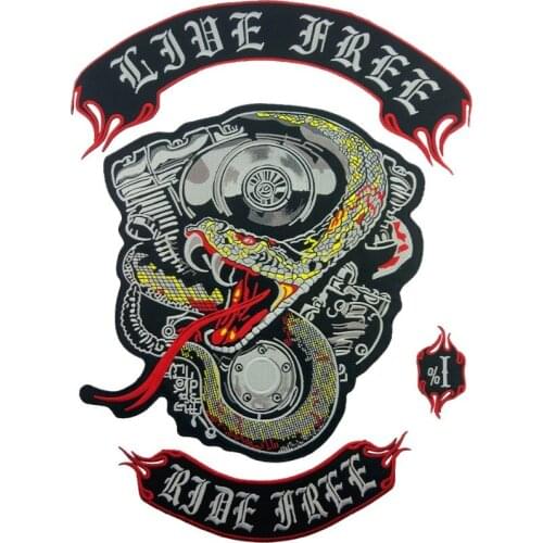 Live Free Rider Serpent Embroidered Patches Full Set Free Shipping Animal Applique Iron on MC Biker Back Clothing DIY Customized