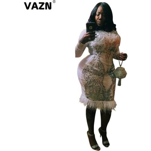 VAZN 2020 New Style High-end Plus Size Heavy Industry Sequined Sexy Elegant Mature Full Sleeve Women High Waist Thin Midi Dress