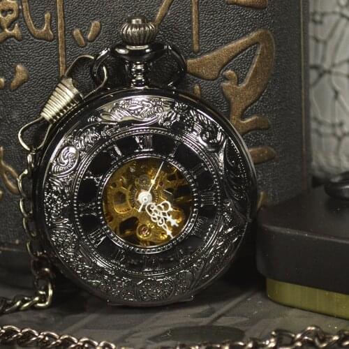TIEDAN Antique Luxury Brand Steampunk Necklace Pocket & Fob Watches Chain Male Clock Skeleton Mechanical Pocket Watch Men