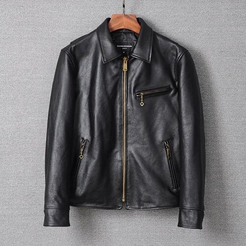 YR!Free shipping.Men High quality genuine leather coat.black slim rider slim cowhide jacket.wholesales cool biker leather cloth