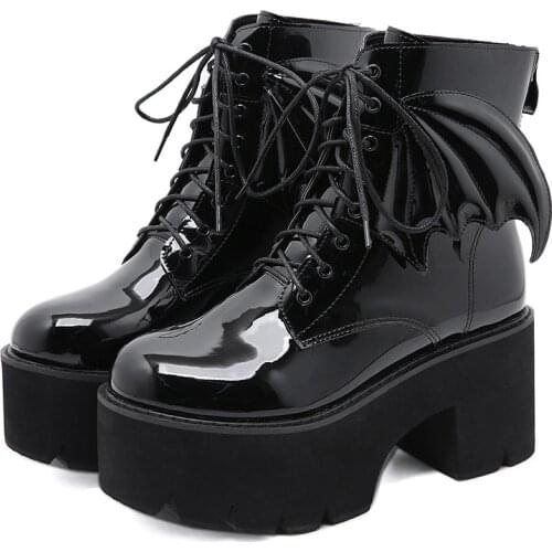Womens Angel Wing Punk Ankle Boots Ladies Platform Pumps Female Shoes Women Patent Leather Footwear Woman Gothic High Heels