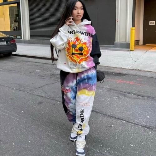 Autumn Winter Two Piece Set Women Print Tie-dye Hooded Casual Sports Thick Crop Top+Pants Sets Club Outfits Streetwear Wholesale