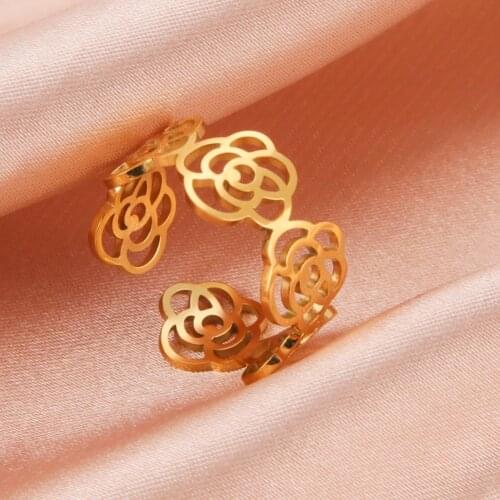Cazador Elegant Hollow Cutout Rose Flowers Womens Rings Adjustable Stainless Steel Finger Ring Jewelry Girlfriend Mother Gifts
