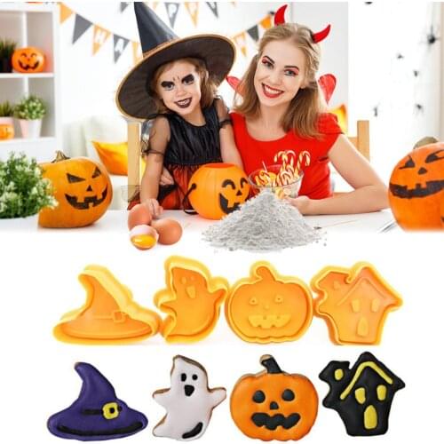 4pcs/set Cookie Cutter Biscuit Press Stamp Embosser DIY Baking Molds Halloween Fondant Pastry Decorating Baking Kitchen Tools