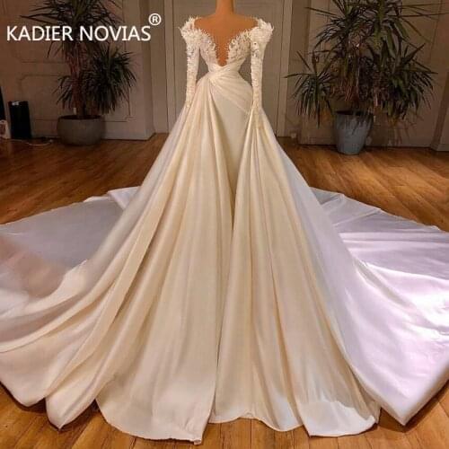 Long Sleeves Custom Made White Satin Mermaid Wedding Dresses 2020 Robe De Mariee