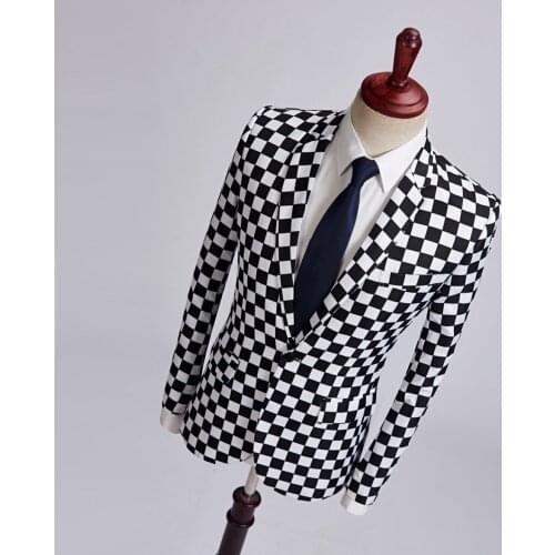 Black White Plaid Blazers Jacket Performance Clothes Stage Dance Nightclub Singer Host Dress Male Costume European Size S-3XL