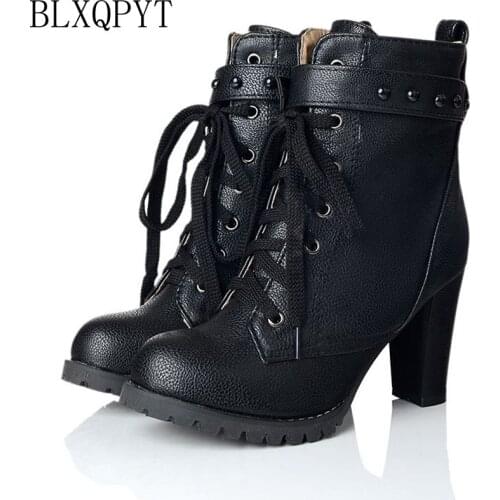 BLXQPYT Big size 34-43 New Lace up Short Boots Women Sexy Ankle High Heels Fashion Winter Spring Autumn Shoes Casual BootsA89