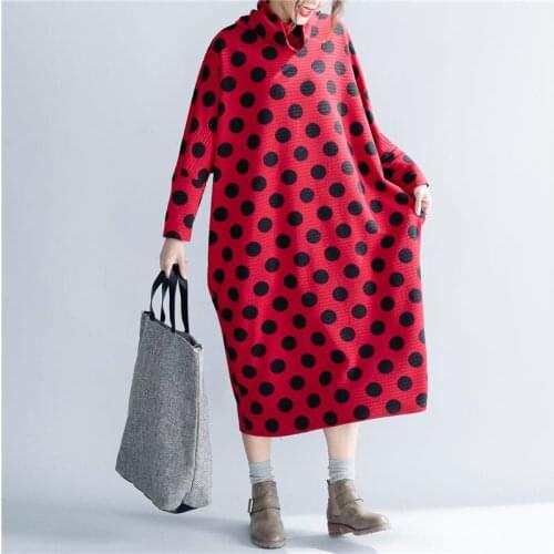 Large Size Womens High Neck Dress Autumn Winter Loose Polka Dot Thickened Over The Knee Padded Cotton Midi Dress Casual y1266