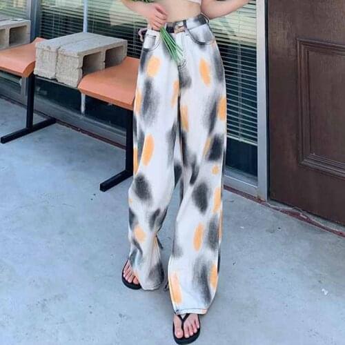 Retro gradient tie-dye high-waisted trousers Harajuku style straight wide-leg jeans loose trousers plus size women trendy bottom