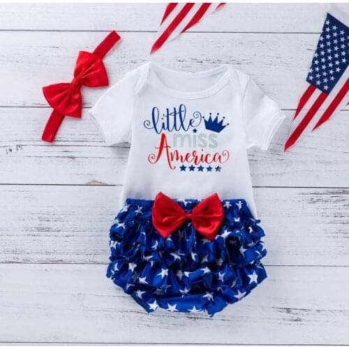 Independence Day Baby Girls Outfit Infant Summer Letter Printing Short Sleeve Round Collar Romper Star Shorts Bow Headwear Sets