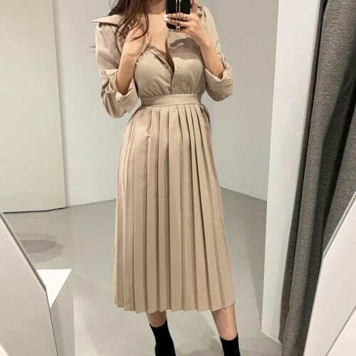 Elegant Ladies Long Sleeve Pleated Dress 2021 Autumn Turn-down Collar Single-breasted Lace-up Dress Casual Women Long Dress New