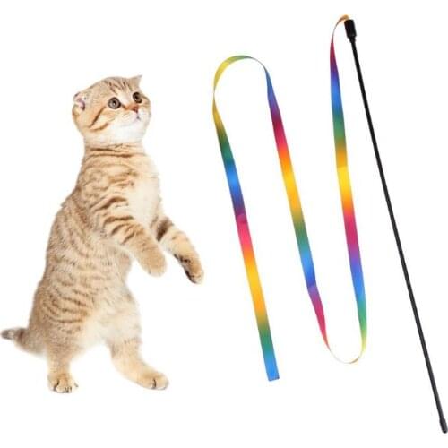 Cat Toys Rainbow Cloth Ribbon Tease Cats Rod Pets Kitten Interactive Scratching Toys Cat Teaser Playing Training Pet Supplies