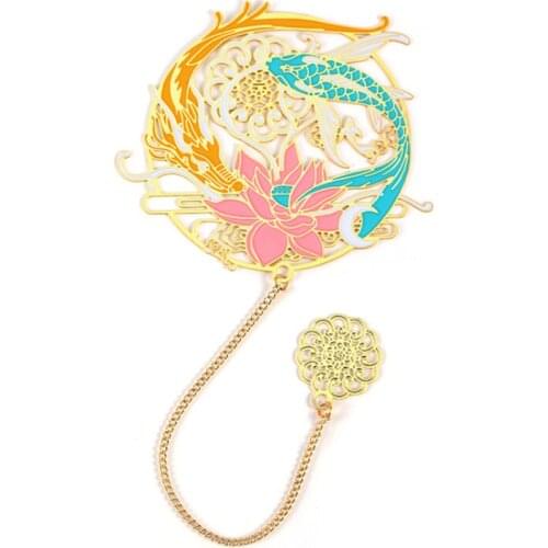 Kawaii Arowana Lotus Bookmark Cute Brass Flower Pendant Art Exquisite Book Mark Page Folder Office School Supplies Stationery