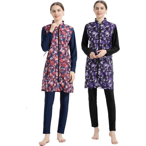 Summer Beachwear 3Pieces Bathing Suit Women Muslim Swimming Flora Zipper Elegant Swimwear Cover Up Lady conservative Swimsuit XL