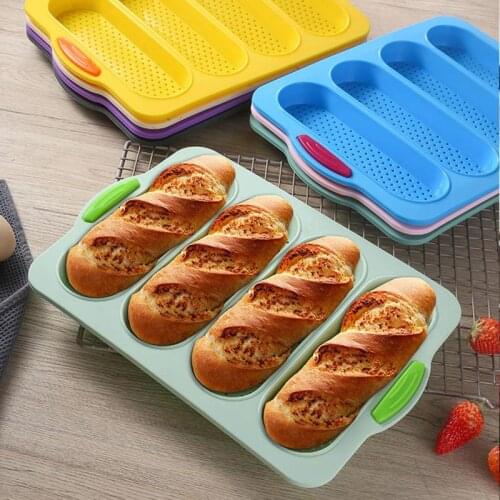 2021 New Silicone 4-Slot French Baguette Bread Mold Round Bread Baguette Eclair Hamburger Baking Mold Long Loaf Cookie Bun Glass