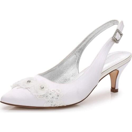 OnnPnnQ Women Mid Heels Satin Appliques Wedding Shoes for Bride Pointed Toe Heeled Dress Slingback Pumps Shoes Women