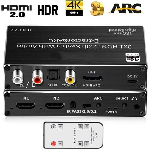 4K HDMI Switch 2x1 HDMI Switcher HDR HDMI 2.0 Switch with L/R RCA & Toslink 4K@60Hz HDMI splitter ARC For Apple TV XBox PS4