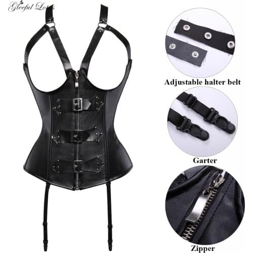 Sexy Leather Corset Top Gothic Bustier Steampunk Waist Cincher Women Lace Up Zipper Corsets Slimming Sheath Belly Basque Halter