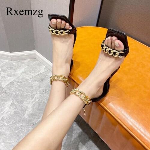 Rxemzg Sexy Women Summer Cover heel ZIP Pumps Metal Chain High Heels Sandals Square Toe Ladies Thin Heels Gladiator Party Shoes