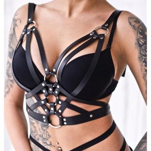 Sexy Women Fashion Punk Gothic Faux Leather Strappy Bra Crop Top Body Harness Belt Fetish Costume