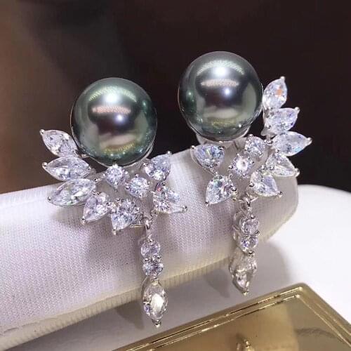 D330 Pearl Earrings Fine Jewelry 925 Sterling Silver Round 9-10mm Nature Fresh Water Peacock Green Black Pearls Drop Earrings