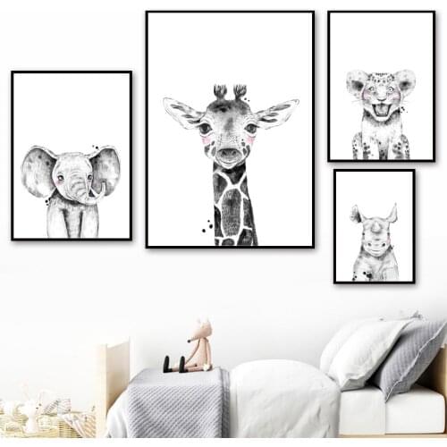 Elephant Giraffe Rhinoceros Zebra Leopard Wall Art Canvas Painting Nordic Posters And Prints Black White Wall Pictures Kids Room