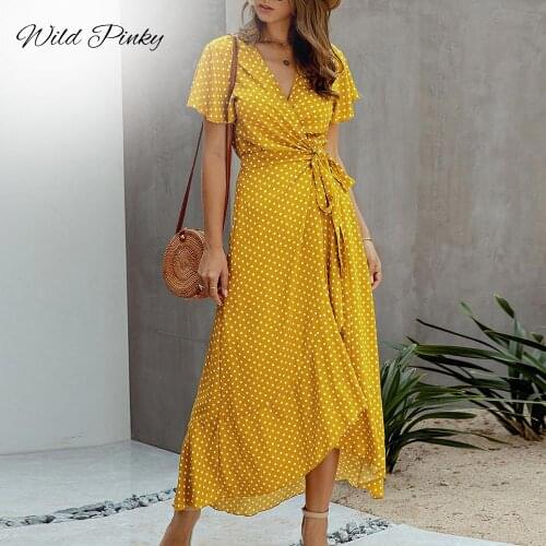 WildPinky Boho Sexy V Neck Polka Dot Long Dress Women 2020 Summer Casual High Waist Dress Ruffles Holiday Beach Dress Vestidos