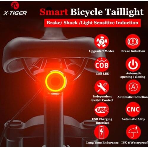 X-TIGER Bike Smart Brake Sensing Light IPX6 Waterproof MTB Bicycle Auto Light Rear USB Charging Cycling Taillight With COB LED