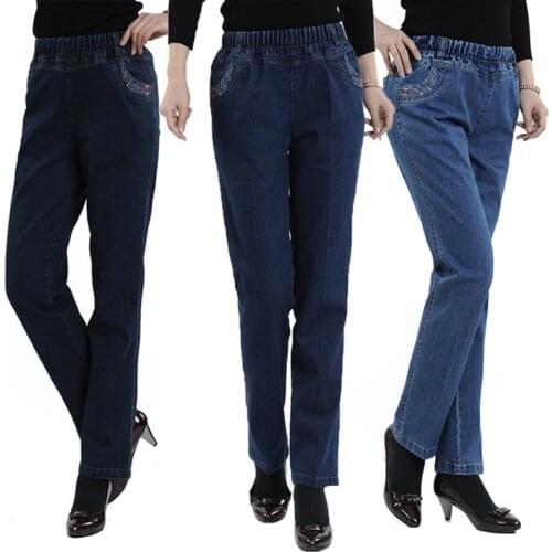 New Spring and Summer Style Elastic waist high waist denim straight women jeans thin plus size 38 40 Lady pants