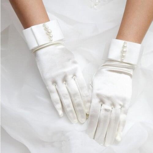 Womens pearl beaded elastic satin glove ladys short sunscreen glove female dancing performance glove R379