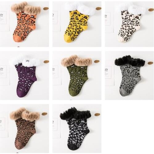 Women Solid Leopard Cotton Socks Faux Fur Cuff Girls Warm Winter Socks Leopard Ankle Socks Crew Socks Short Socks 8/10 Pairs/lot