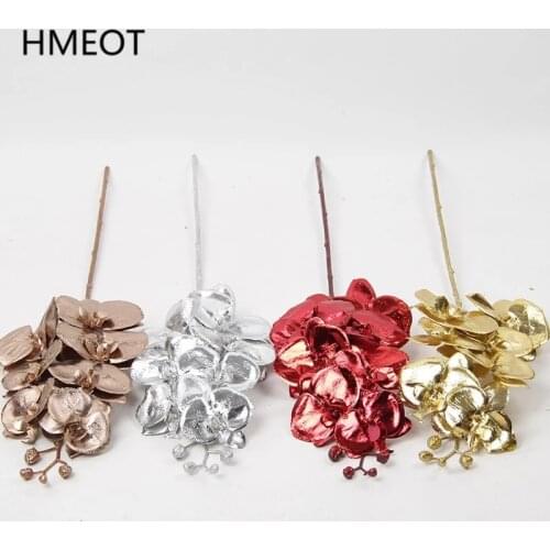 Colorful Artificial Flower Orchid Spray Gold Silver Bronze Phalaenopsis Fake Flower Wall Accessories Wedding Home Desktop Decor
