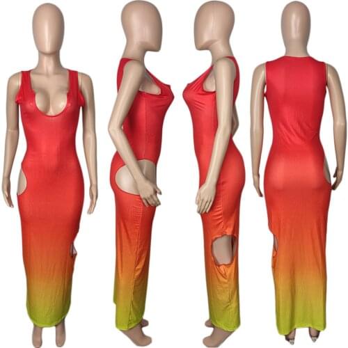 Gradient Hollow-Out Buttock Wrapped Sleeveless Women Midi Dress Summer Ladies Elegant Party Sexy Bodycon Dresses