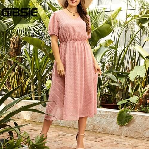 GIBSIE Swiss Dot Elegant Sweet Dress Casual Summer Women Long Dresses Plus Size V-Neck Short Sleeve High Waist Swing Dress 2021