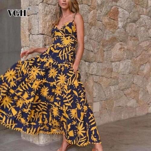 VGH Vintage Print Sling Dress For Women V Neck Sleeveless High Waist Hit Color Maxi Dresses Female Summer Fashion Clothing 2021