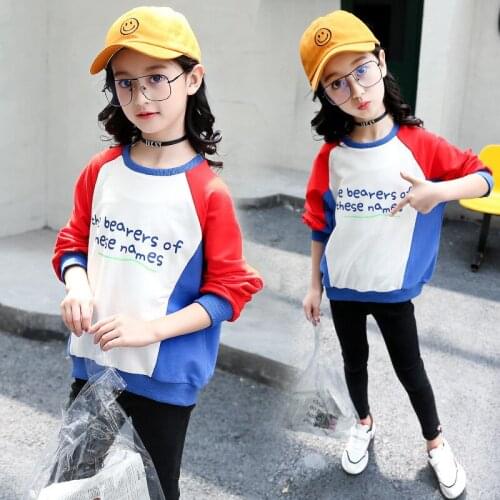2019 Girls Spring Autumn Clothes Fashion Kids Long Sleeve Cotton Color Stitching Pullover T-shirt for A Girl of 8 10 12 14 Years