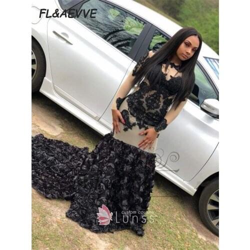 2021 Black Evening Dress Mermaid Long Sleeves Illusion Off-The-Shoulder Floor Length Back Evening Prom Party Gowns