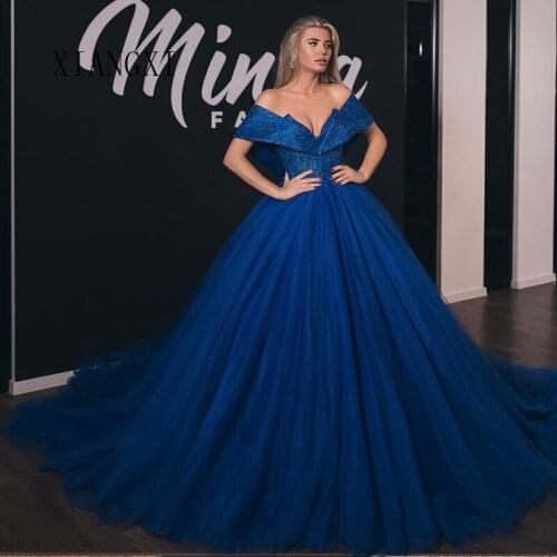 Robe de soiree Royal Blue Evening Dresses Long Tulle Ball Gown Off The Shoulder Sweep Train Formal Gowns Evening Party Dress Ves