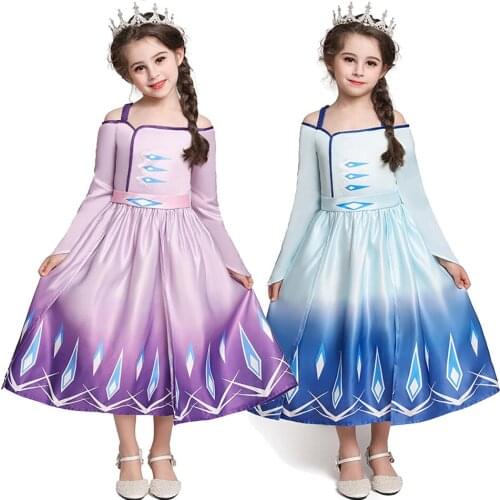 Girl Elsa Anna Princess Dress Fancy Snow Queen Cosplay Elegent Party Dress Childrens Day Purple Blue Childrens Clothes