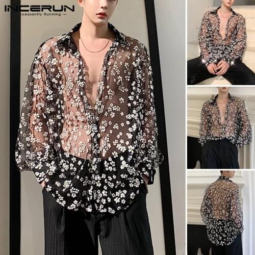 INCERUN Men Long Sleeve Mesh Shirts Turn Down Collar Casual Printing Shirt Man See Through Loose Blouse Fashion Party Blusas 5XL