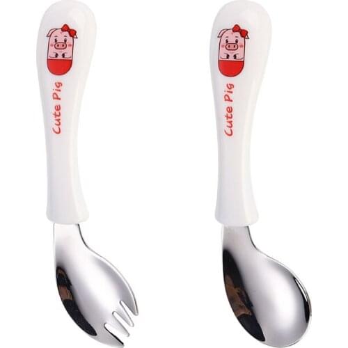 2 pcs set Baby Cartoon piggy fork spoon Feeding Fork Utensils Set Stainless Steel Kids Learning Eating Habit Children tableware