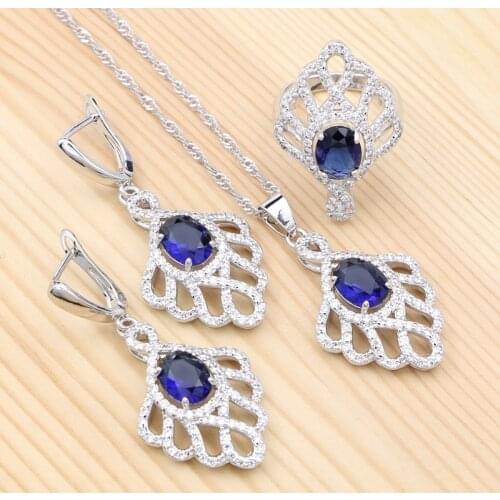 925 Sterling Silver Bridal Jewelry Sets For Women Blue Cubic Zirconia White Crystal Earrings/Pendant/Necklace/Ring Set