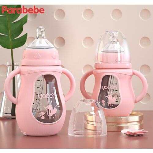 Cute Glass Baby Bottle Silicone Straw Water Drink Bottles For Baby Milk Feeder Set Baby Feeding Bottle Newborn Baby Bottle Spoon