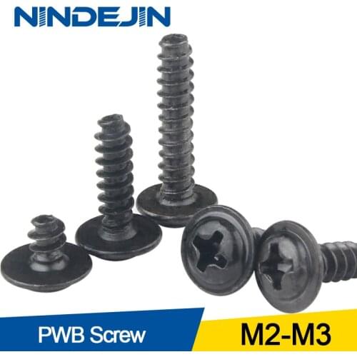 NINDEJIN 50/100pcs One Pack Screw PWB Round Head With Washer Self- tapping Screw Black Plated PWB Screw M2 M3
