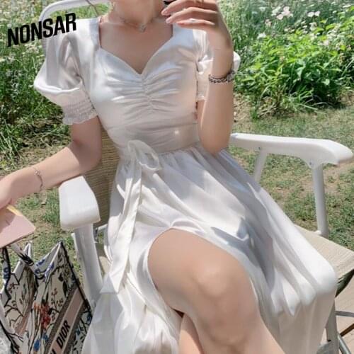 NONSAR Light Mature White Silk Satin Ladies Temperament Puff Sleeve Dress Goddess Fan Waist Thin And Split Fairy