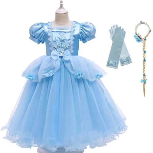 Princess Cendrillon Dress for Girl Cosplay Cinderela Costume Kids Flower Fancy Frock Blue Ball Gown Kids Halloween Party Clothes