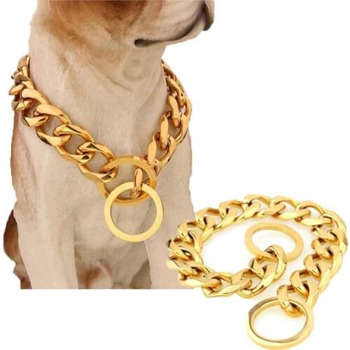 19mm Durable Thickness Gold Stainless Dog Collars Metal Convenient Puppy Dog Chains Training Walking Chain Collars for Big dogs